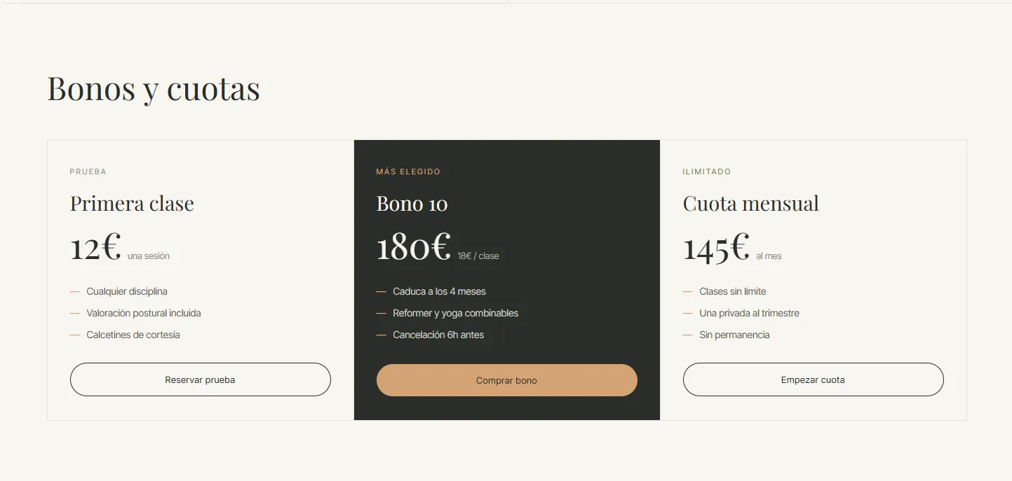 Bonos y cuotas de Aura Studio: primera clase, bono de 10 y cuota mensual con precio siempre visible.