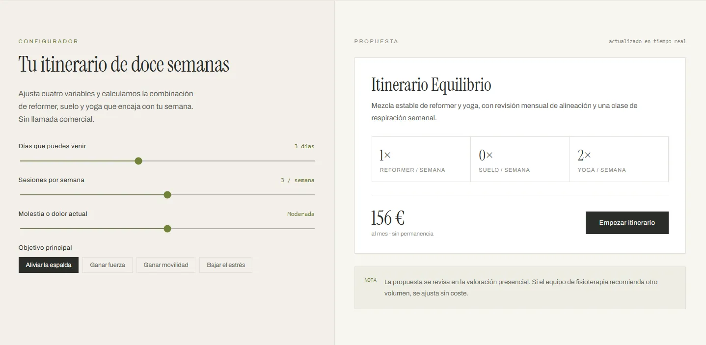Configurador de itinerario con sliders de días, sesiones y molestia, y precio recalculado en vivo.