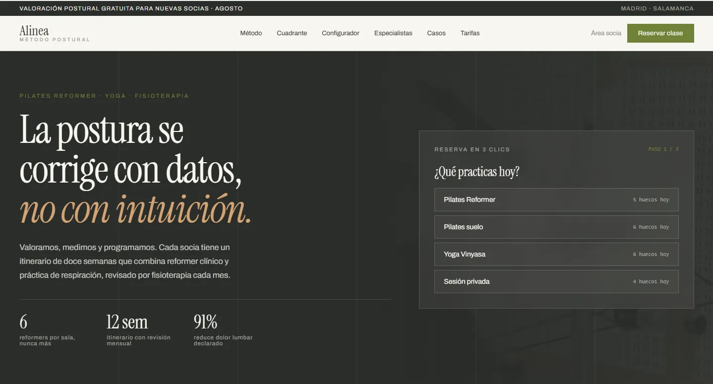 Hero oscuro de Método Alinea con estadísticas del estudio y widget de reserva rápida.