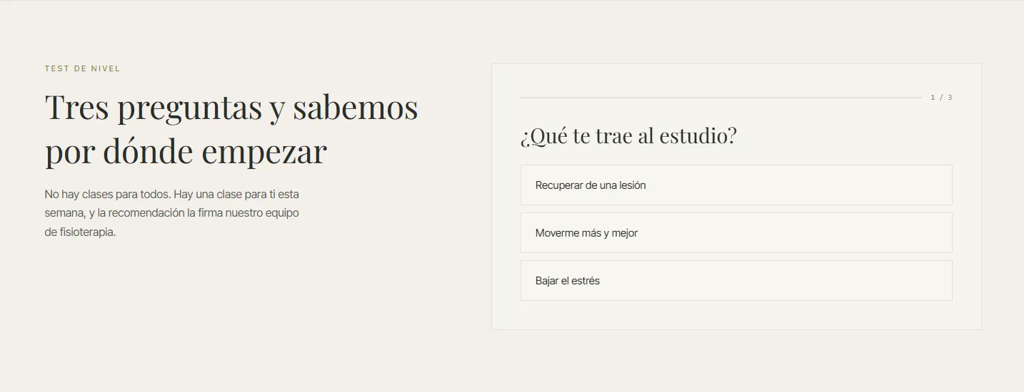 Test de nivel de tres preguntas con recomendación de clase concreta.